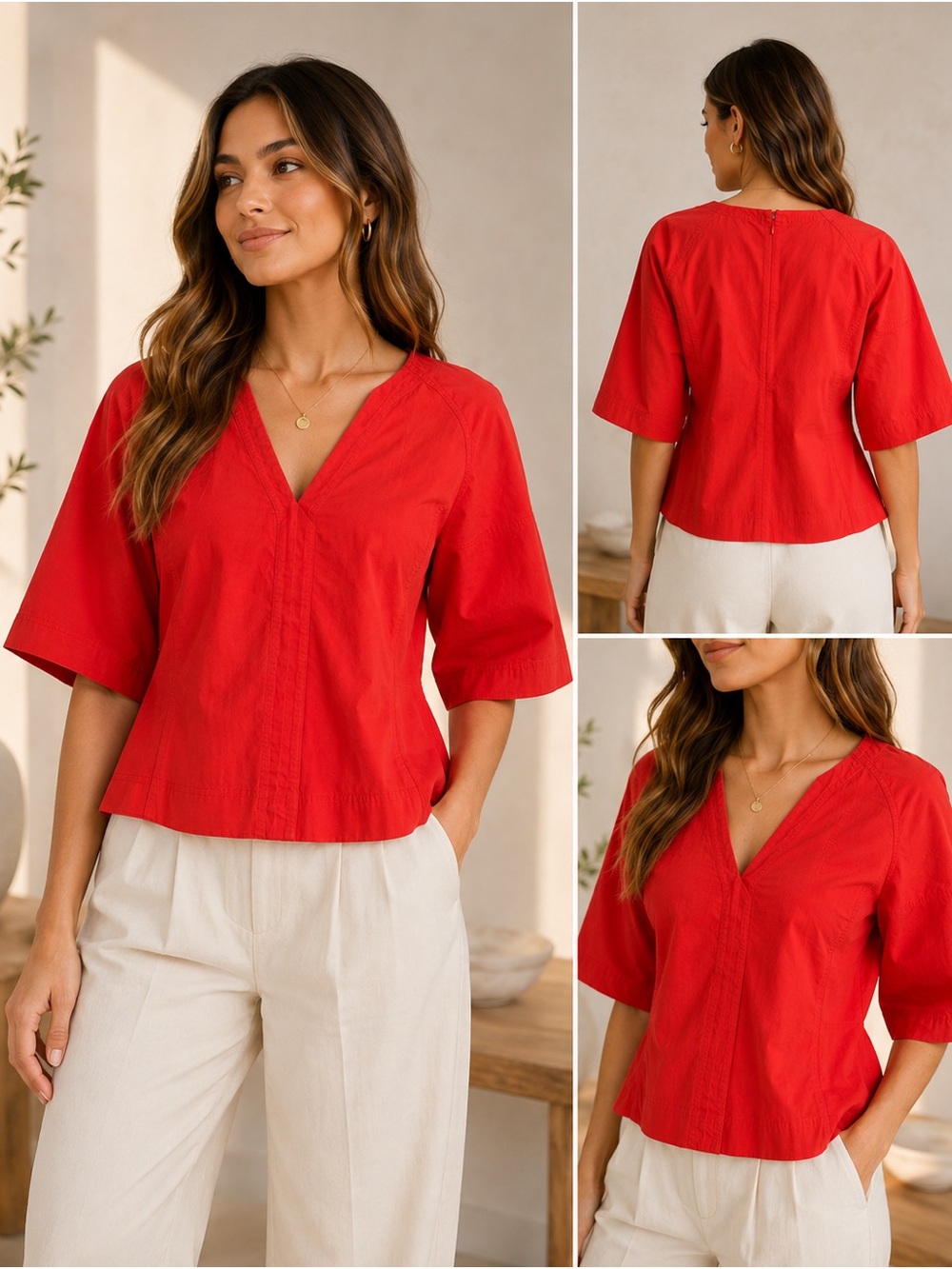 Madewell Red V-Neck Short Sleeve Blouse